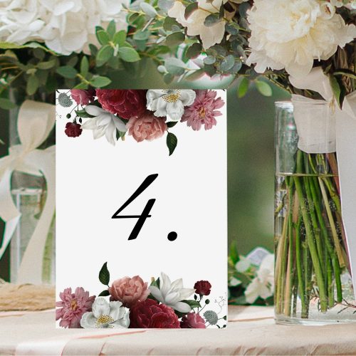 Asztalszám esküvőre "Bordó virágos"