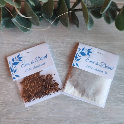 Virágmagos köszönőajándék kék leveles mintával