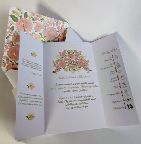 Kalocsai mintás esküvői meghívó, rózsaszín, középen nyíló