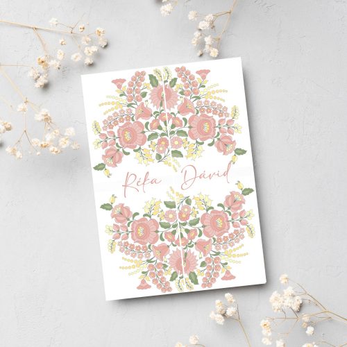 Kalocsai mintás esküvői meghívó, rózsaszín, középen nyíló