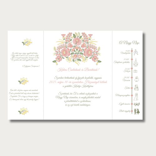 Kalocsai mintás esküvői meghívó, rózsaszín, középen nyíló