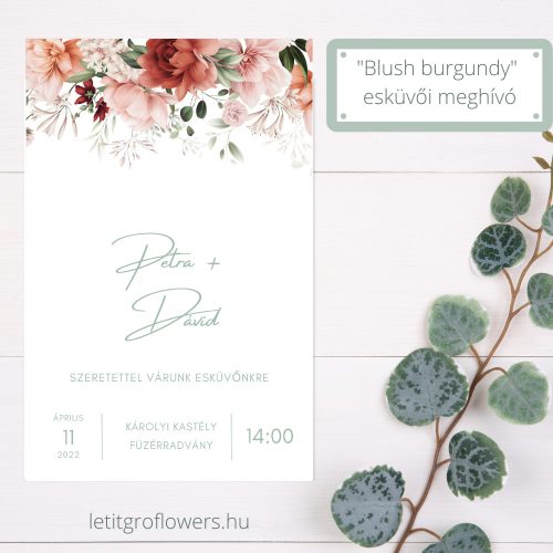 Blush burgundy esküvői meghívó, egyoldalas