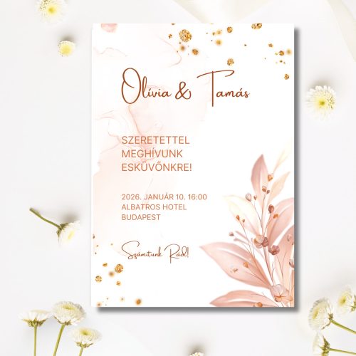 Rosegold esküvői meghívó, egyoldalas