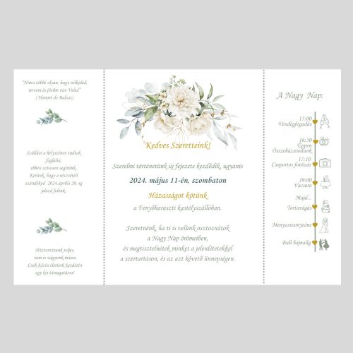 Esküvői meghívó, White peonies mintával, középen nyíló