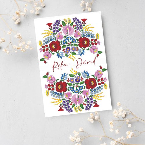 Esküvői meghívó kalocsai mintával, középen nyíló