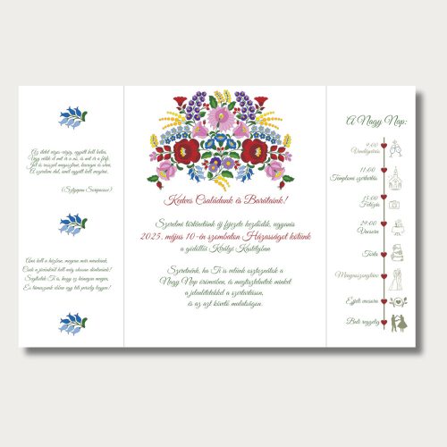 Esküvői meghívó kalocsai mintával, középen nyíló