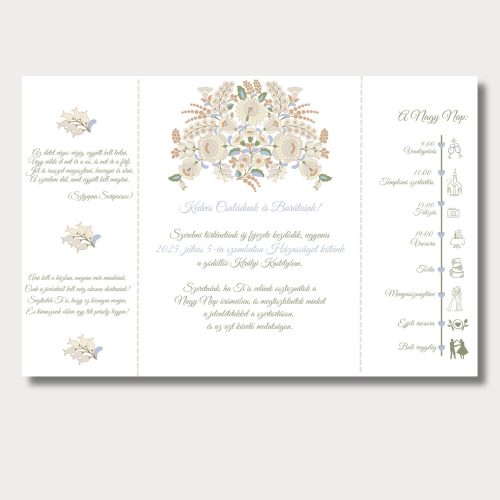 Kalocsai mintás esküvői meghívó, krémszínű, középen nyíló