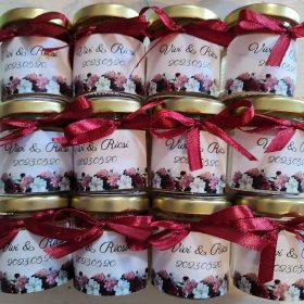   Miniméz esküvői vendégajándék, Bordó virágos mintával