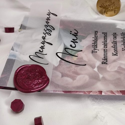 Menükártya viaszpecséttel, ültetőkártyával "bordó virágos"