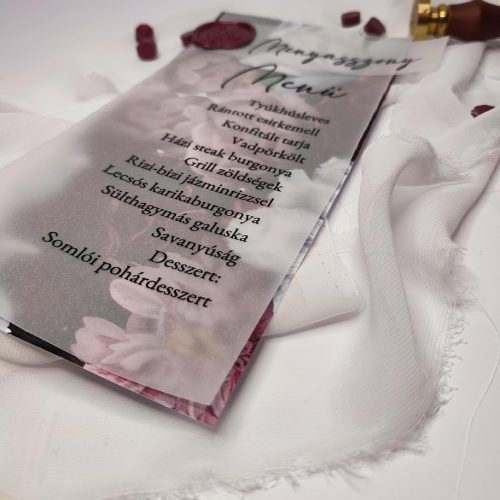 Menükártya viaszpecséttel, ültetőkártyával "bordó virágos"