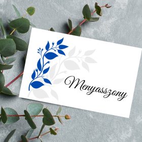 Esküvői ültetőkártya kék levelekkel