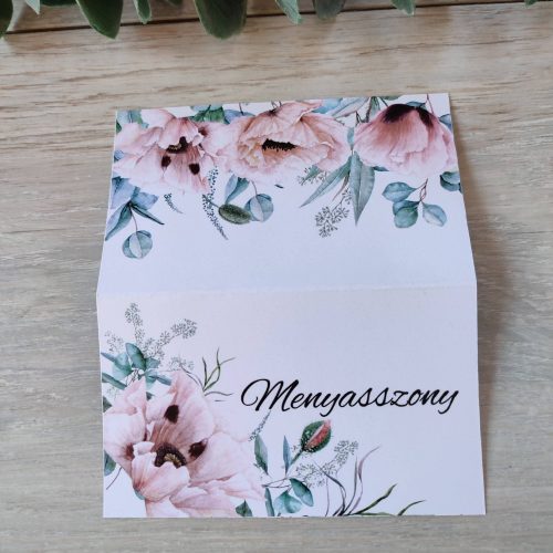 Esküvői ültetőkártya, névtábla, "Boho poppies" design